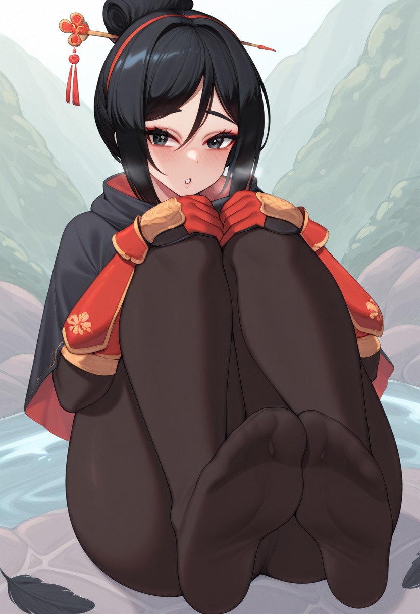 kuavera,  outdoors, undershirt, falling feathers, black bodysuit, hair stick, hugging knees, knees to chest, gauntlets, eyeshadow, red gloves, two sides up, black capelet, red hairband, black eyes, 1girl, solo, feet, visible breath, dynamic angle, foreshortening, smell, steam, onsen, water