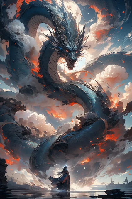 masterpiece, best quality, flames, abstract, divine being, otherly world, powerful, 
<lora:Chinese dragon:0.85> chinese dragon, dragon, sky, outdoors, cloud, glowing, horns, standing,
<lora:more_details:0.4>
 <lora:Cosmic anime-oil fusion v2:0.4> 
<lora:AnimeVibesV3:0.25> animevibes, 
<lora:3DMM_V11:0.5> 3DMM 
<lora:midjourney_20230624181825:0.4> midjourney ,
 <lora:LAS:0.25> colorful, clouds, 
<lora:msw_locon-t2:0.45>
 <lora:wuxia2:0.5> gu, shiny, shiny hair, shiny skin, shiny clothes