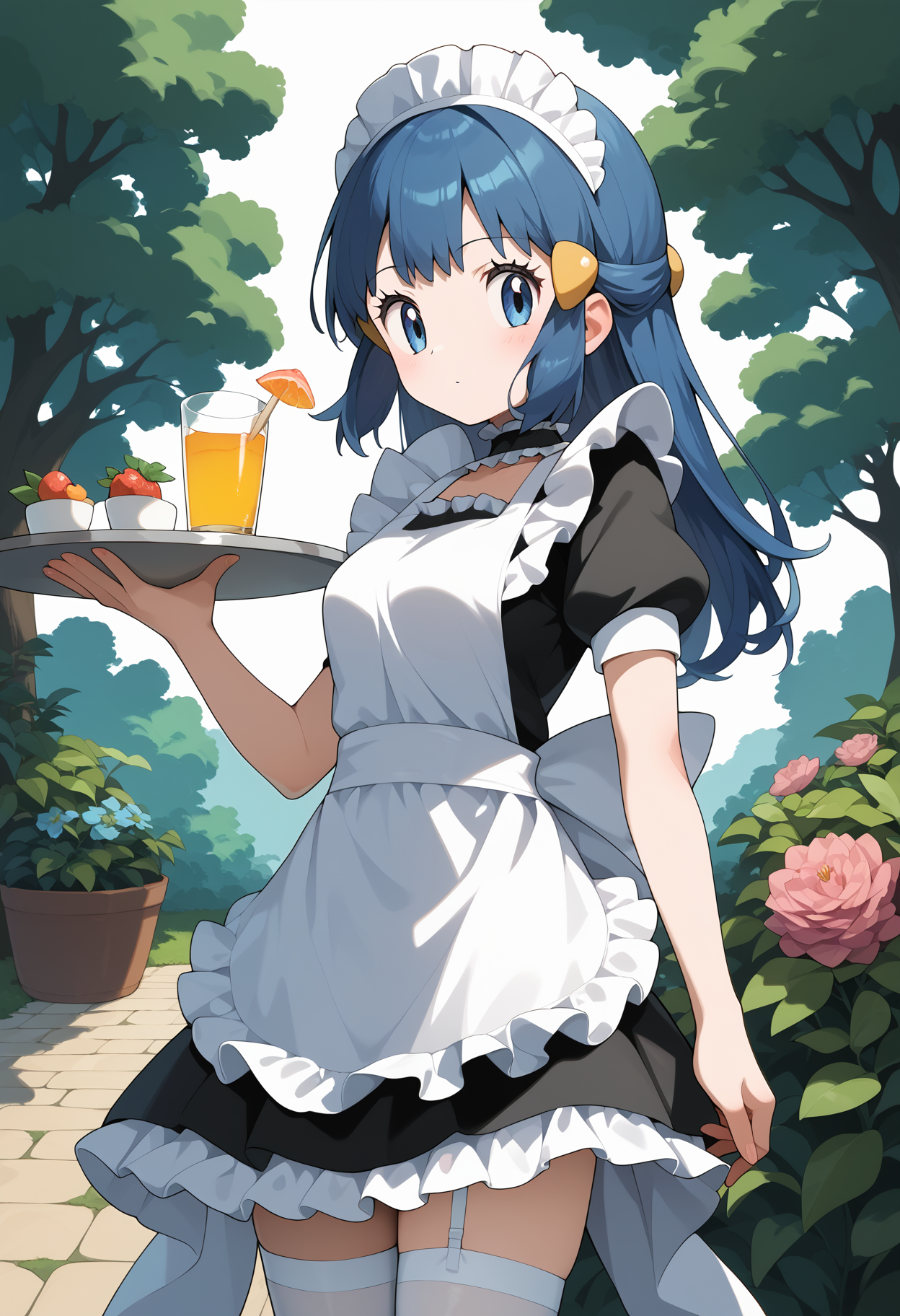 score_9, score_8_up, score_7_up, score_6_up, score_5_up, score_4_up, source_anime, aadawn, long hair, blue hair, maid headdress, hair ornament, blue eyes, breasts, maid, frills, black dress, short sleeves, white apron, white thighhighs, <lora:dawn_(pokemon)_ponyxl_v1:0.9>, standing, cowboy shot, garden, holding tray,