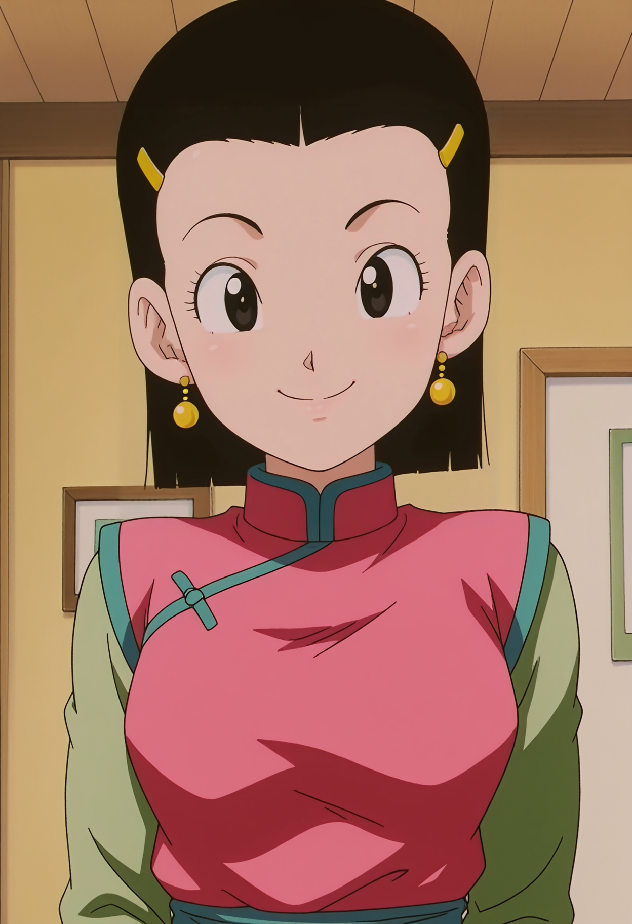1girl,solo,mm,mature female,black hair,short hair,black eyes,hair ornament,hairclip,earrings,anime coloring,
chinese clothes,upper body, smile,indoors,looking at viewer, 
,masterpiece,best quality,amazing quality,<lora:Chi-Chi-Dragon_Ball_GT_IL:0.9>