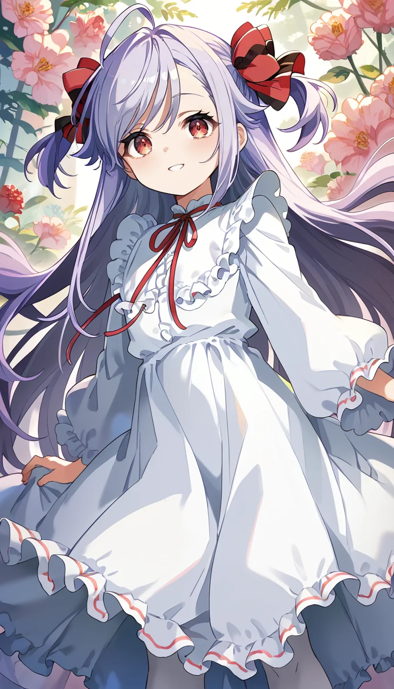 score_9,score_8_up,score_7_up,
official art,official style,game cg,megami magazine,
1girl,solo,
niizuma yae,
pink eyes,red eyes,purple hair,grey hair,long hair,very long hair,two side up,
red bow,red ribbon,hair bow,ahoge,bangs,bow,
dress,ribbon,frilled shirt,frilled skirt,frilled sleeves,frills,long skirt,long sleeves,
neck ribbon,red footwear,white dress,white pantyhose,white shirt,white skirt,
<lora:niizuma_yae_pony_v1:1>,