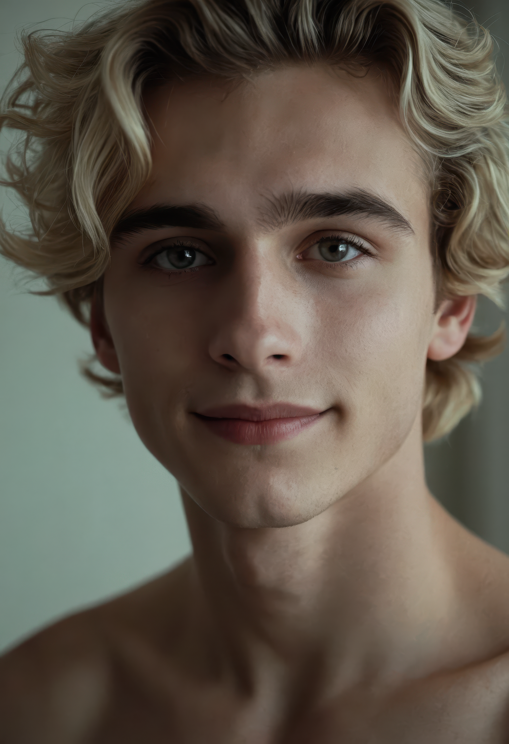 sdxl_simgrace, photo, solo, 1boy, perfect body, cute smile, detailed eyes, looking at viewer, eye contact, soft lighting, moody atmosphere, sensual expression, film grain, intimate framing