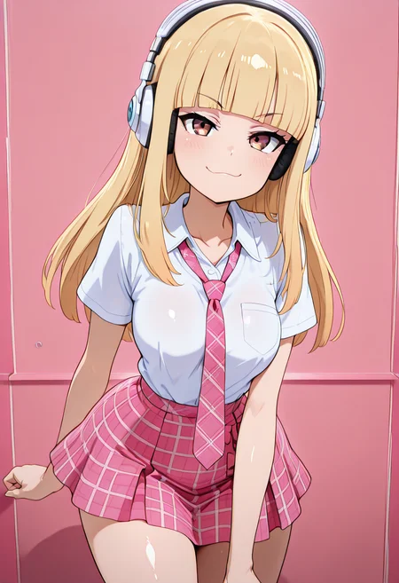 masterpiece, best quality, solo, curvy, beautiful eyes, narrow waist, wide hips, 1girl, solo, smile, looking at viewer, foreshortening, close up, anime screenshot, zzPearlCitron, brown eyes, blonde hair, long hair, straight hair, blunt bangs, white headphones, pink necktie, collard shirt, white shirt, plaid skirt, pink skirt, shirt tucked in, ,<lora:PearlRakuCitronOC_IXL:1.0>, , smile, looking at viewer, cowboy shot, leaning forward, smug, aged up, <<lora:MantisIXL_v2:0.8>,