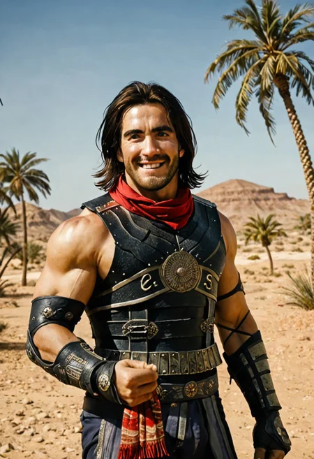 masterpiece, best quality, amazing quality, intricate details, Dastan, armor, muscular male, bara, smile, facial hair, eye sparkle, windblown, scarf, desert, day, palm tree,