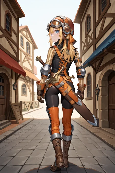 masterpiece, very aesthetic, absurdres, best quality, amazing quality, high resolution, <lora:illustrious_quality_modifiers_masterpieces_v1:0.8> , <lora:ChamIllustriousBackgroundEnhancer:0.5>,  solo  <lora:InzaghiIL:0.8> , InzDef, 1boy, blonde hair, sidelocks, long hair, blue eyes, goggles, goggles on head, goggles on headwear, helmet, armor, elbow pads, orange straps, popped collar, layered shirt, cross-laced top, black bodysuit, bodysuit under clothes, striped sleeves, long sleeves, orange thighhighs, gloves, brown gloves, boots, armored boots, brown boots, sheathed, sword on back, looking at viewer, full body, standing, serious expression, solo, male focus, exterior, medieval village, streets, medieval fantasy, (from behind, looking back), frown,