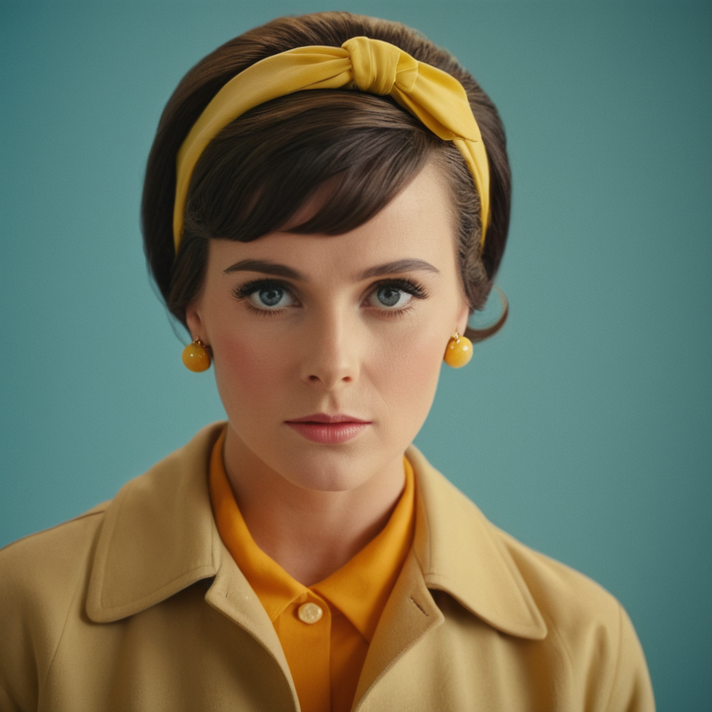cinematic film still of  <lora:1960's style:1>
In the 1960's a woman with a yellow headband and a yellow jacket,1girl,solo,looking at viewer,blue eyes,simple background,brown hair,jewelry,upper body,hairband,earrings,lips,realistic,orange shirt ,realistic,realism, detailed, perfection,perfect,filmic,retro,vintage,classic,different haircut,different look,different style,1960's style , 1960 style, shallow depth of field, vignette, highly detailed, high budget, bokeh, cinemascope, moody, epic, gorgeous, film grain, grainy