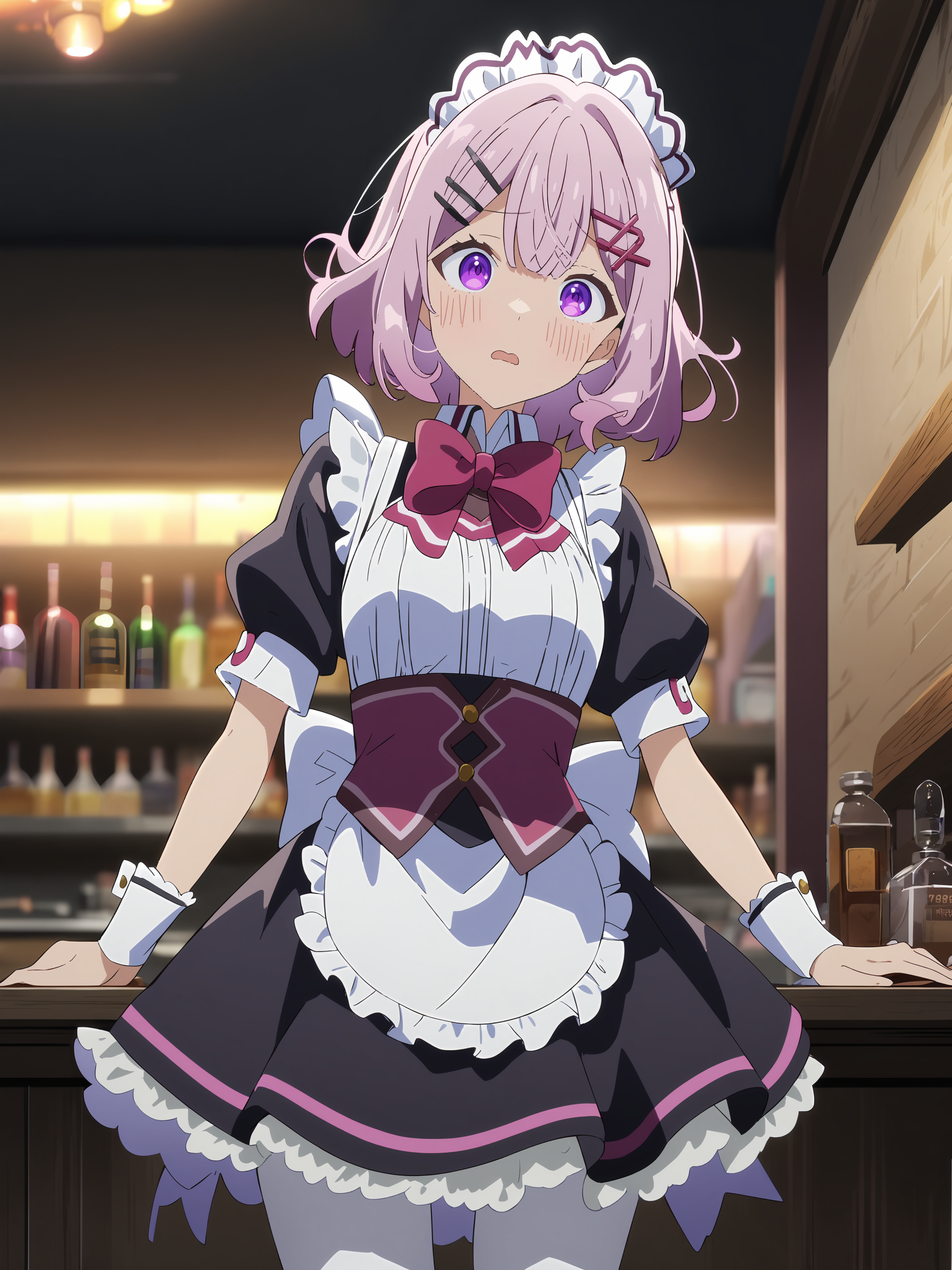 1girl, amaori renako, solo, purple eyes, hairclip, maid, maid headdress, maid apron, embarrassed, white pantyhose, open mouth, blush, parted lips, looking at viewer, cowboy shot, bar \(place\), indoors, depth of field <lora:Char-Amaori_Renako-V1-SDXL:0.9>, anime screenshot, incredibly absurdres, ultra detailed, masterpiece, best quality, perfect features, intricate details, ray tracing, very aesthetic, [<lora:XL-detailed_notrigger:0.95>::0.5], [:<lora:XL-aesthetic_anime:0.6>:0.3]