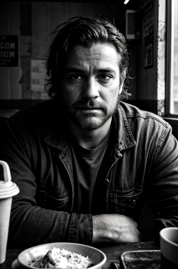 Gritty Portrait Photo of a weary, rugged individual sitting in a sparse, nondescript diner, his eyes betraying a sense of resigned acceptance, illuminated by the stark, fluorescent light overhead, from a close-up perspective, showcasing the film's exploration of fate, inevitability, and the changing nature of the world  <lora:more_details:0.7>  <lora:picxer_real:0.7>