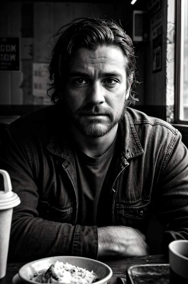 Gritty Portrait Photo of a weary, rugged individual sitting in a sparse, nondescript diner, his eyes betraying a sense of resigned acceptance, illuminated by the stark, fluorescent light overhead, from a close-up perspective, showcasing the film's exploration of fate, inevitability, and the changing nature of the world  <lora:more_details:0.7>  <lora:picxer_real:0.7>