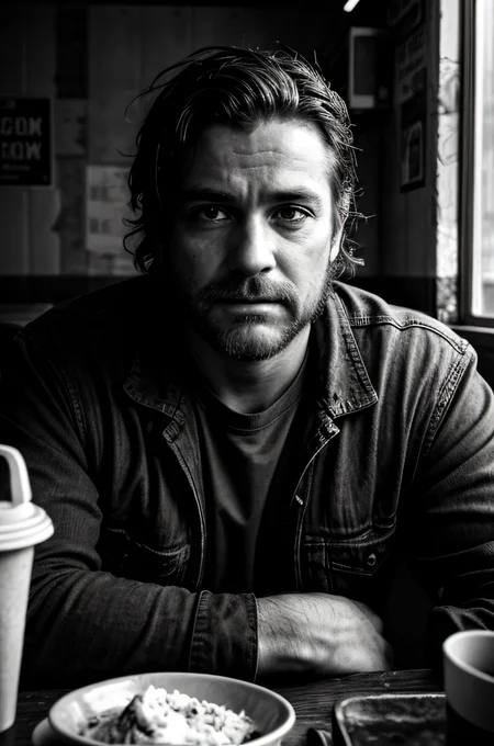 Gritty Portrait Photo of a weary, rugged individual sitting in a sparse, nondescript diner, his eyes betraying a sense of resigned acceptance, illuminated by the stark, fluorescent light overhead, from a close-up perspective, showcasing the film's exploration of fate, inevitability, and the changing nature of the world  <lora:more_details:0.7>  <lora:picxer_real:0.7>