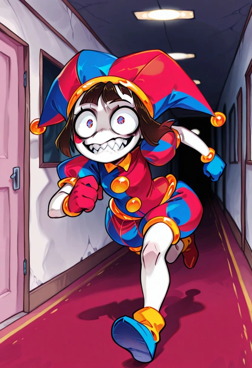 masterpiece,best quality, 2D, Kabrap, 1girl, solo, pomni_illust, gloves, hat, jester cap, puffy sleeves, short sleeves, crazy eyes, sharp teeth, running, hallway