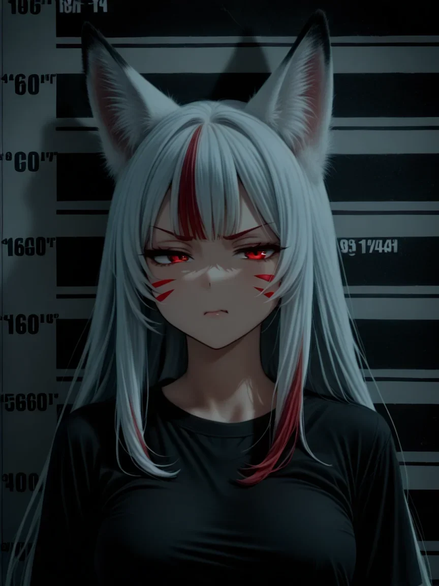 <lora:noobai_ep11_stabilizer_v0.205_fp16:0.8><lora:stable_dark_nbep10_v0.3:0.8>1girl,fox ears,red eyes,half-closed eyes,white hair,multicolored hair,long hair,whisker markings,upper body,dark,mugshot,anger vein,closed mouth,black shirt,shadow,masterpiece,