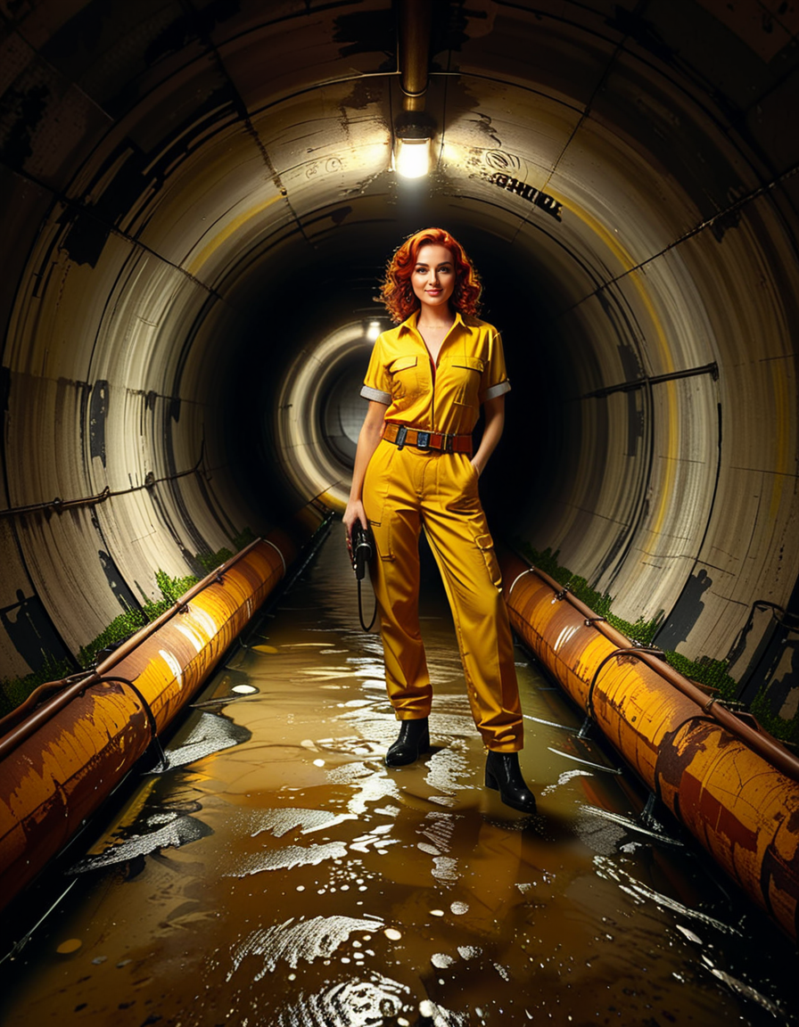 A young woman, April O'Neil, stands confidently in front of a large, circular sewer pipe,L4rg3 s3w3r p1p3. She has vibrant red, shoulder-length wavy hair and wears her iconic bright yellow jumpsuit with utility-style details, such as rolled-up sleeves and visible pockets. A brown utility belt is fastened around her waist. She holds a microphone or a small camera in one hand, highlighting her role as a journalist. Her expression is determined and slightly smiling, radiating courage and curiosity.
The sewer pipe behind her is massive and weathered, with green moss and moisture stains around its edges. The interior of the pipe is dark and shadowy, while the exterior is illuminated by soft natural light. There is a small puddle of water or wet ground in front of the pipe, reflecting faint light.
The background features an urban, industrial setting with worn brickwork surrounding the sewer opening, showing signs of age and decay. Small wild plants and grass grow around the base, adding a touch of nature to the scene.
The lighting is soft and dramatic, with natural sunlight streaming in and casting gentle reflections on the ground and inside the pipe. The image is styled as a semi-realistic illustration with vivid, bright colors for April O'Neil, contrasting with the muted, earthy tones of the background. The overall mood is adventurous and cinematic.<lora:SDXLFaeTastic2400:0.4> <lora:extremely_detailed:0.4> extremely detailed, <lora:L4rg3_s3w3r_p1p3:1>, Masterpiece,best quality,hi res,8k,hi res,8k,award winning,(sharp focus, intricate, highly detailed),