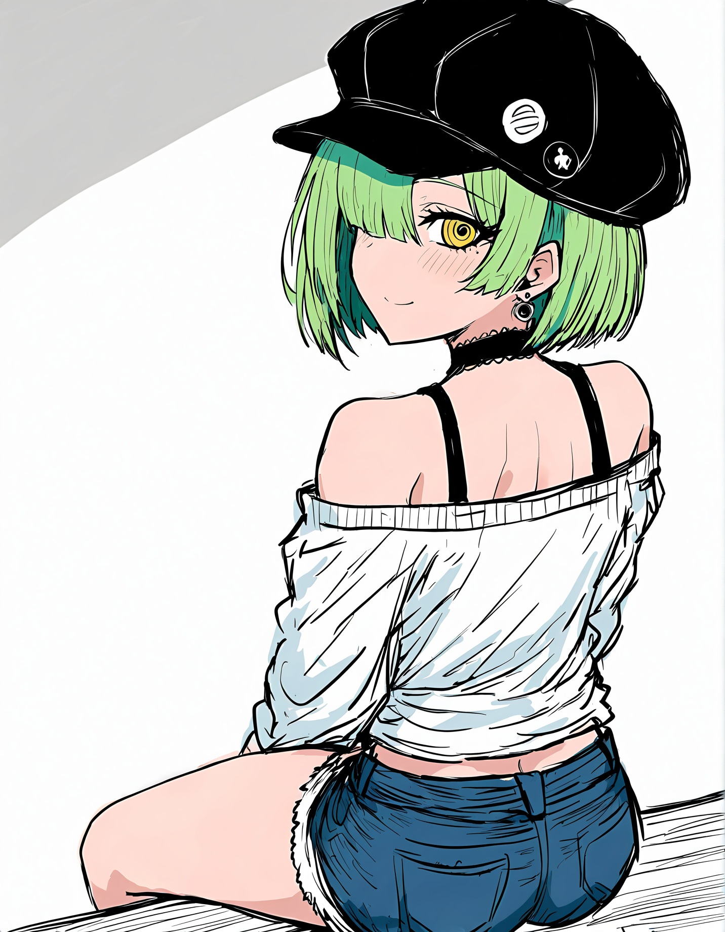 sushi yuusha toro, 1girl, green hair, solo, hat, looking back, looking at viewer, sensitive, denim, shorts, short hair, bare shoulders, sitting, off-shoulder shirt, button badge, choker, off shoulder, blush, denim shorts, from behind, smile, sketch, hair over one eye, yellow eyes, shirt, jewelry, badge, white background, ringed eyes, cabbie hat, short shorts, long sleeves, earrings, closed mouth
very awa, masterpiece, best quality, year 2024, newest, highres, absurdres, <lora:black-souls-style-noobai-vpred10-timestep2:1>