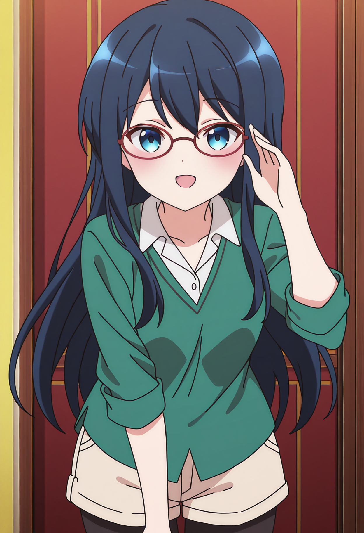 highres, best quality, masterpiece,
anime screencap,
1girl, solo, gochirep, dark blue hair, long hair, blue eyes, glasses, red eyewear,
green shirt, collared shirt, white shirt, shirt under shirt, beige shorts, black pantyhose,
looking at viewer, blush, smile,
hand up, open mouth, 
<lora:_class_rep_gochiusa-elesico-ilxlB:1>