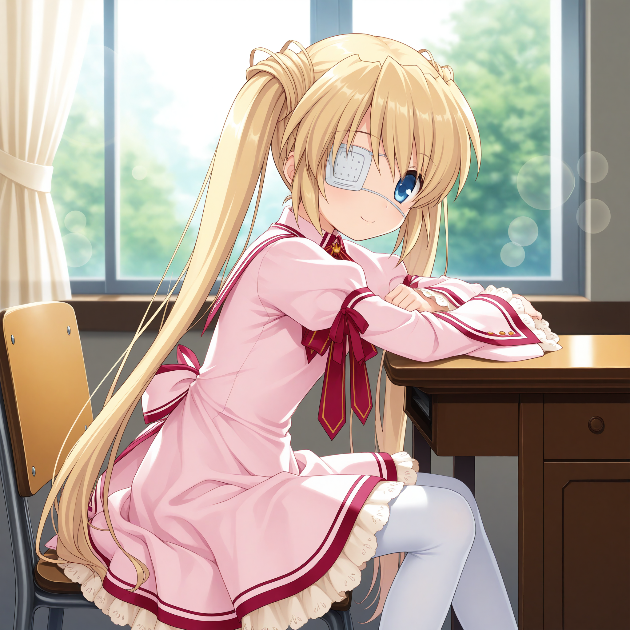 <lora:Nakatsu_Shizuru_1_nai-000030:1>,official art,Nakatsu Shizuru,twintails,
eyepatch,
school uniform,red ribbon,pink dress,juliet sleeves,neck ribbon,frilled dress,frilled sleeves,ribbon-trimmed sleeves,puffy long sleeves,wide sleeves,crown ornament,white pantyhose,
BREAK
1girl,solo,looking at viewer,sitting,from side,arm support,on chair,desk,indoors,window,curtains,day,arm on table,depth of field,lens_flare,smile,