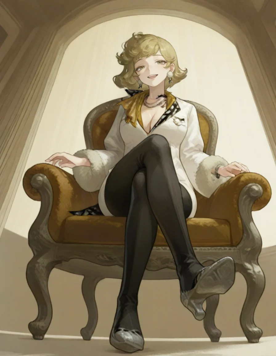 1girl, newbabel,
,jewelry,crossed legs, sitting posture, looking up perspective, low-angle shot, relaxed and confident vibe, soft lighting, intimate atmosphere, detailed surroundings,
breasts, solo, large breasts, smile, looking at viewer, open mouth, full body, <lora:ms.newbabelreverse1999:1>, (masterpiece, best quality, high quality, highres, ultra-detailed),