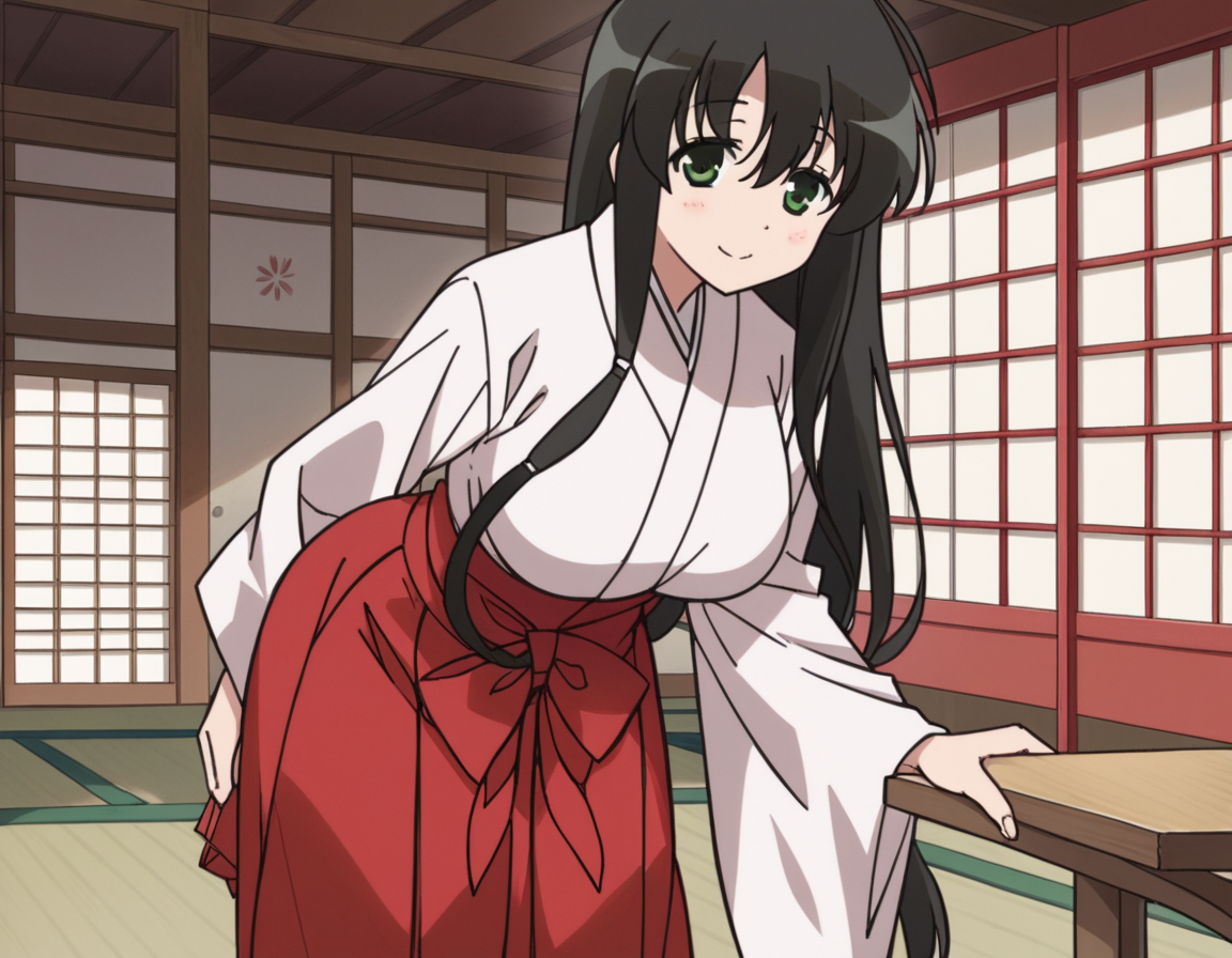score_9, score_8_up, score_7_up, source_anime,
kasumiiwato, <lora:kasumi-iwato-s2-ponyxl-lora-nochekaiser:1>,
kasumi iwato, long hair, black hair, green eyes, hair between eyes, large breasts,
skirt, japanese clothes, hakama, hakama skirt, miko, red hakama,
indoors, dojo, bent over, smile,
cowboy shot, looking at viewer, solo, dutch angle,