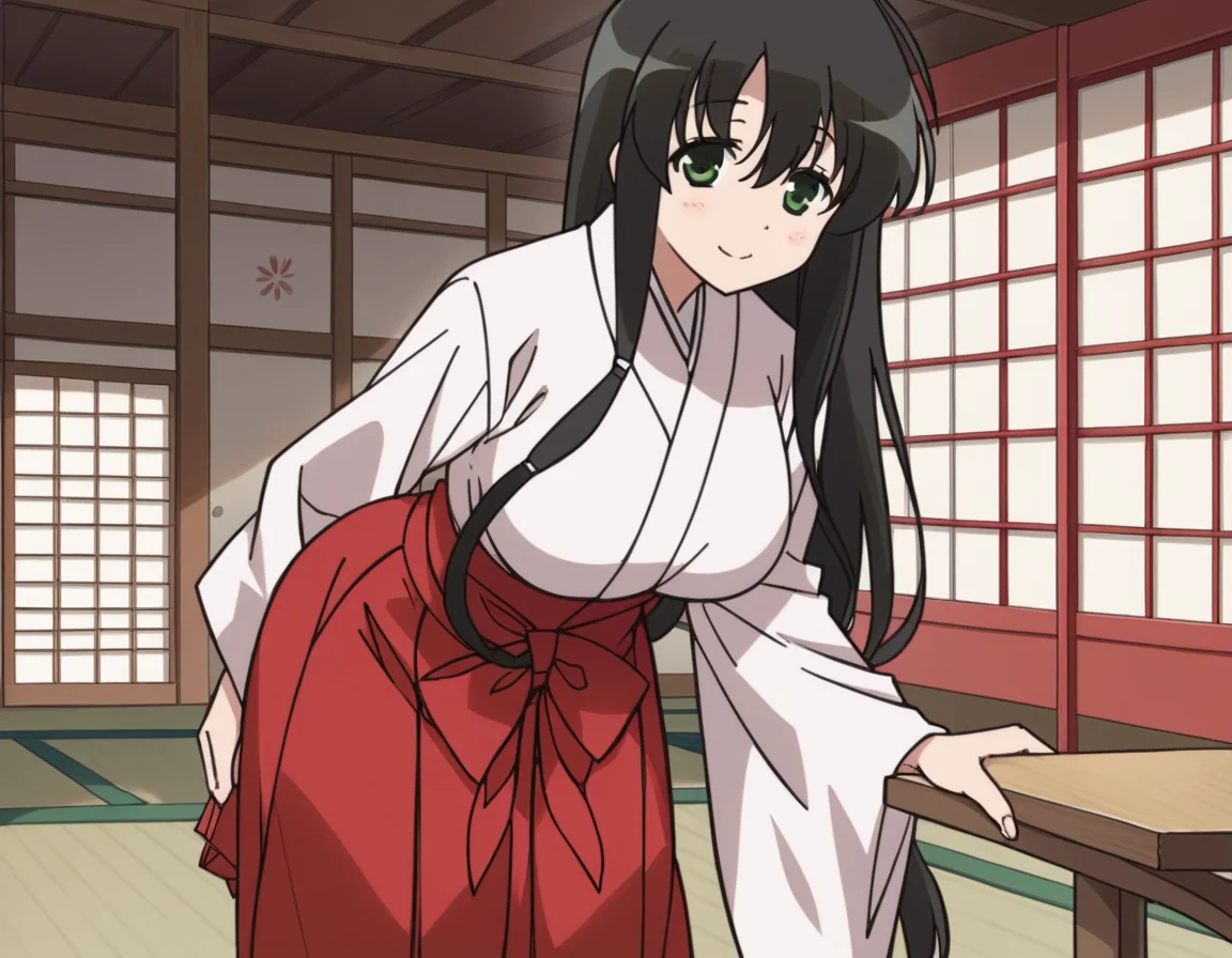 score_9, score_8_up, score_7_up, source_anime,
kasumiiwato, <lora:kasumi-iwato-s2-ponyxl-lora-nochekaiser:1>,
kasumi iwato, long hair, black hair, green eyes, hair between eyes, large breasts,
skirt, japanese clothes, hakama, hakama skirt, miko, red hakama,
indoors, dojo, bent over, smile,
cowboy shot, looking at viewer, solo, dutch angle,