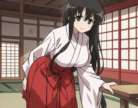 score_9, score_8_up, score_7_up, source_anime,
kasumiiwato, <lora:kasumi-iwato-s2-ponyxl-lora-nochekaiser:1>,
kasumi iwato, long hair, black hair, green eyes, hair between eyes, large breasts,
skirt, japanese clothes, hakama, hakama skirt, miko, red hakama,
indoors, dojo, bent over, smile,
cowboy shot, looking at viewer, solo, dutch angle,