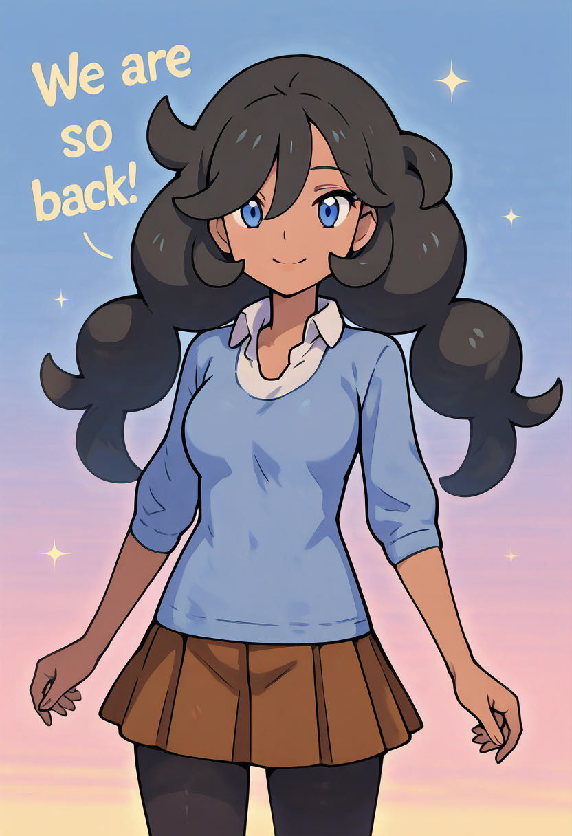 masterpiece, best quality, 1girl, solo, looking at viewer, smile, large breasts,    zzEmma, blue eyes, long hair, black hair, dark skin, twintails, hair between eyes, hair over one eye,  white shirt, collared shirt, blue sweater, brown skirt, pleated skirt, black pantyhose,   <lora:EmmaPokemon_IXL_v1:1.0>, , smile, looking at viewer, We4reSoB4ck, text, gradient background, ,<lora:We4reSoB4ck_IXL_v1:1.0>,