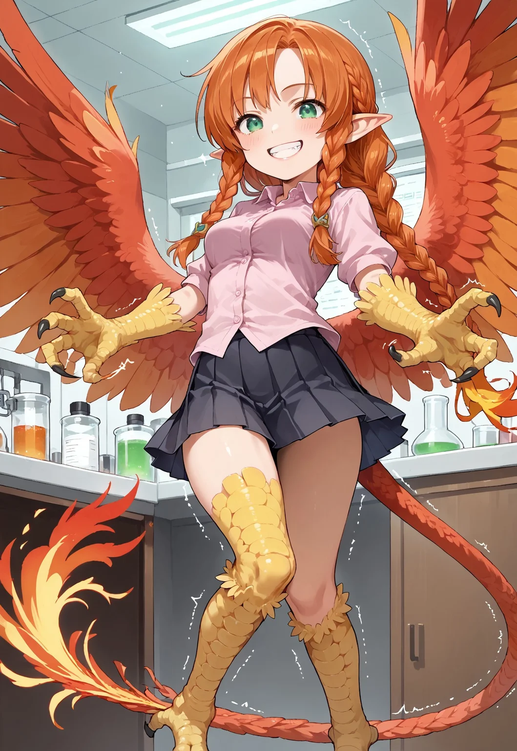 safe_pos, Rating_safe, score_9, score_8_up, score_7_up, detailed, perfect eyes, detailed background, source_anime, source_furry, (long orange hair:1.5), (braided hair:1.5), (happy), (grin:1.5)
(kagarimachi_konatsu), (human:1.5), (1woman), (alone:1.5), (green eyes:1.5), (shortstack:1.25), (slender body:1.5), (medium breasts:1.15), cute, (pink short sleeved shirt:1.25), (black pleated skirt with frills:1.5), (lab:1.7), (standing and trembling:1.5), (phoenix wings:1.25), (pointy phoenix ears:1.5), (phoenix tail:1.5), (one leg up:1), (animal legs:2), (talon hands:1.5), (phoenix harpy:1.5)
