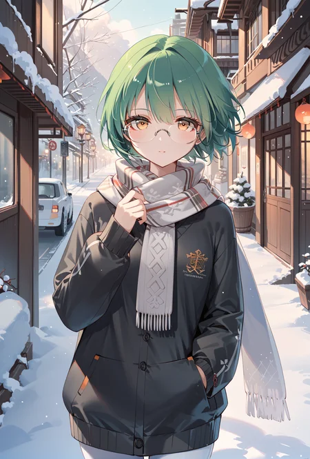 score_9, score_8_up, score_7_up,
middle eastern architecture, street,
admiral nakhimov (azur lane), 1girl, green hair,yellow eyes,
sweater,snow,scarf,semi-rimless eyewear, <lora:NakhimovXLPony:0.9>