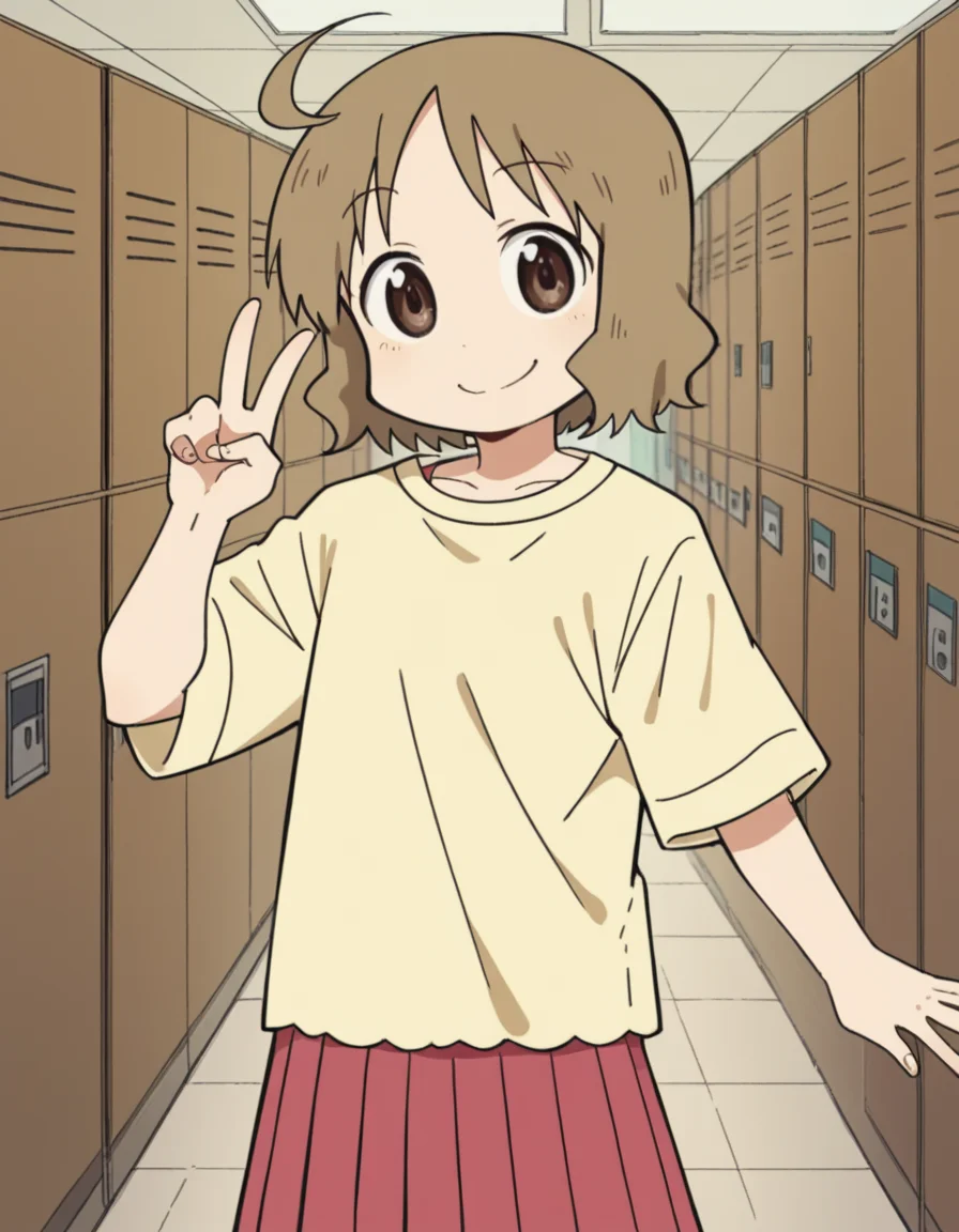 score_9, score_8_up, score_7_up, source_anime, <lora:izumi-sakurai-s1-ponyxl-lora-nochekaiser:1>, izumi sakurai, short hair, brown hair, brown eyes, ahoge,, skirt, yellow shirt, pleated skirt, red skirt,, school hallway, lockers, between classes, everyday life, smile, v, v over mouth, smug,, looking at viewer, solo,, dutch angle, cowboy shot