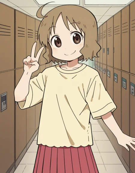 score_9, score_8_up, score_7_up, source_anime, <lora:izumi-sakurai-s1-ponyxl-lora-nochekaiser:1>, izumi sakurai, short hair, brown hair, brown eyes, ahoge,, skirt, yellow shirt, pleated skirt, red skirt,, school hallway, lockers, between classes, everyday life, smile, v, v over mouth, smug,, looking at viewer, solo,, dutch angle, cowboy shot