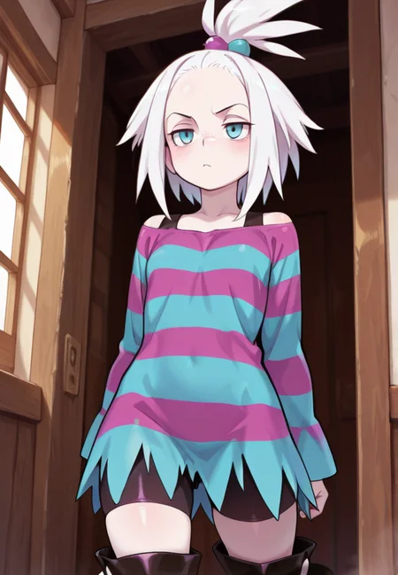 masterpiece, best quality, amazing quality, very aesthetic, absurdres, newest, detailed background,
roxie, 1girl, topknot, white hair, blue eyes, pale skin, freckles, forehead, striped dress, bike shorts, boots, cowboy shot
<lora:Roxie_-_Pokemon_Illustrious:1>