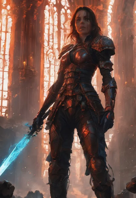 Grimdark digital portrait. Close-up full body. A heavily armored female warrior, chaos magic swirling around her, standing in a dark, ruined cathedral. Ultra high contrast. Fiery, hellish glow of chaos magic illuminates her dark, gritty armor. Gritty, smoldering embers of candles and broken stained glass behind. Vivid, fiery red and orange hues, contrasting with deep blues and blacks. Epic composition, ultra HD resolution, Greg Staples and Dan Mumford style, particles and volumetric lighting effects, RTX ON, hi-tech dark sci-fi, gritty, dramatic, intense, cinematic, dystopian, chaotic, atmospheric.