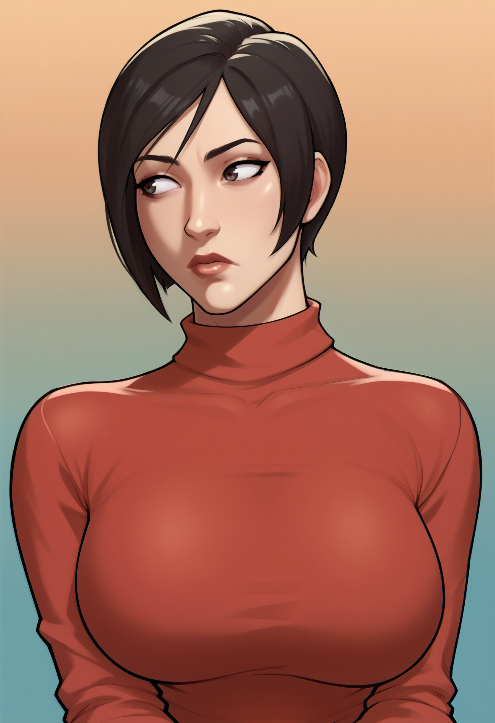 score_9, score_7_up, <lora:mrpotatoparty-guy-PONY-DORAv2:1>, 1girl, solo, ada wong, red sweater, portrait, gradient background, looking to the side, long sleeves, large breasts