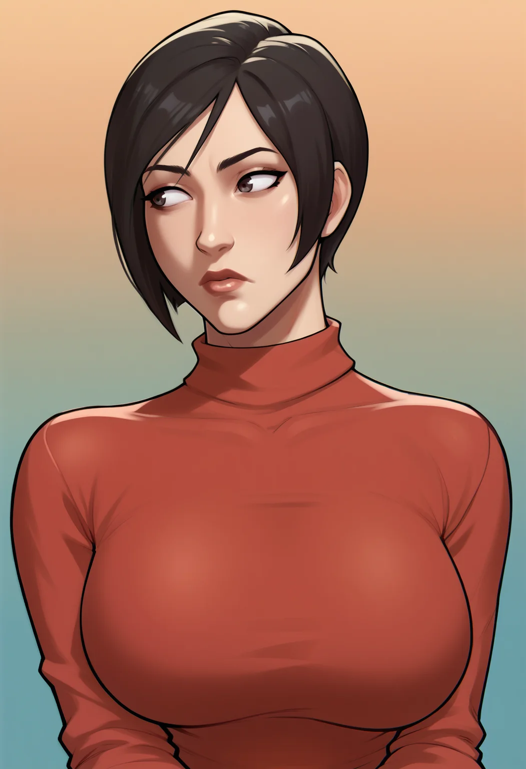 score_9, score_7_up, <lora:mrpotatoparty-guy-PONY-DORAv2:1>, 1girl, solo, ada wong, red sweater, portrait, gradient background, looking to the side, long sleeves, large breasts