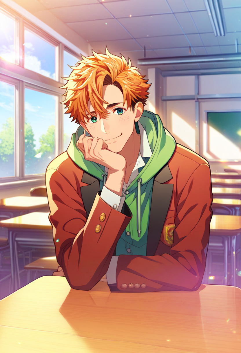 1boy, male focus, 
,((zPDXL)), score_9_up, score_8_up, score_7_up, score_6_up, score_5_up, score_4_up, best quality, amazing quality, best aesthetic, absurdres, year2023, uncensored, nsfw, official art, official style, depth of field, detailed eye,
 <lora:Character - StaOke - Takuto Akabane:0.8> green eyes, orange hair, takuto
indoors, window,  cowboy shot, 
classroom, pov across table, looking at viewer, smile, 
takutoschool, red blazer, green hoodie, hood,