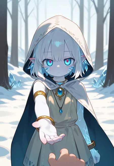 masterpiece, score_9, score_8_up, score_7_up, EasyNegative_v2, 
(best quality:1.1),ultra-detailed, high resolution, super detailed skin, beautiful detailed eyes,  Brightly Lit, Highly Visible, 8k, sharp focus, beautiful, perfect lighting, beautiful eyes, anatomically correct, anatomically correct face, extremely detailed eyes, smooth edges, beautiful face, symmetrical eyes, symmetrical face,
(expressionless:1.3), (half-closed eyes:0.9), 
(standing:1.3), (looking at viewer:1.2), (hand reaching, pov:1.5),  
1girl, monster girl, cute girl, (Ice spirit-girl1.5), (white hair, short hair, ice hair, blue eyes, glowing eyes, pointy ears:1.3), (colored skin, white skin, Ice body:1.5), (cloak, hood over head, dress, brooch, necklace, bracelet, armlet:1.3),  (tribal_tattoo, face markings:1.5), 
bright lighting, snowy mountains, (solo focus:1.5),