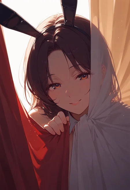 score_9, source_anime, score_8_up, score_7_up, <lora:behindcurtains:1> red curtains, hiding, curtain grab, shadow, close up, 1girl, playboy bunny, smile, bocca, close curtain, rim lighting, white background, hidden hands, mature female