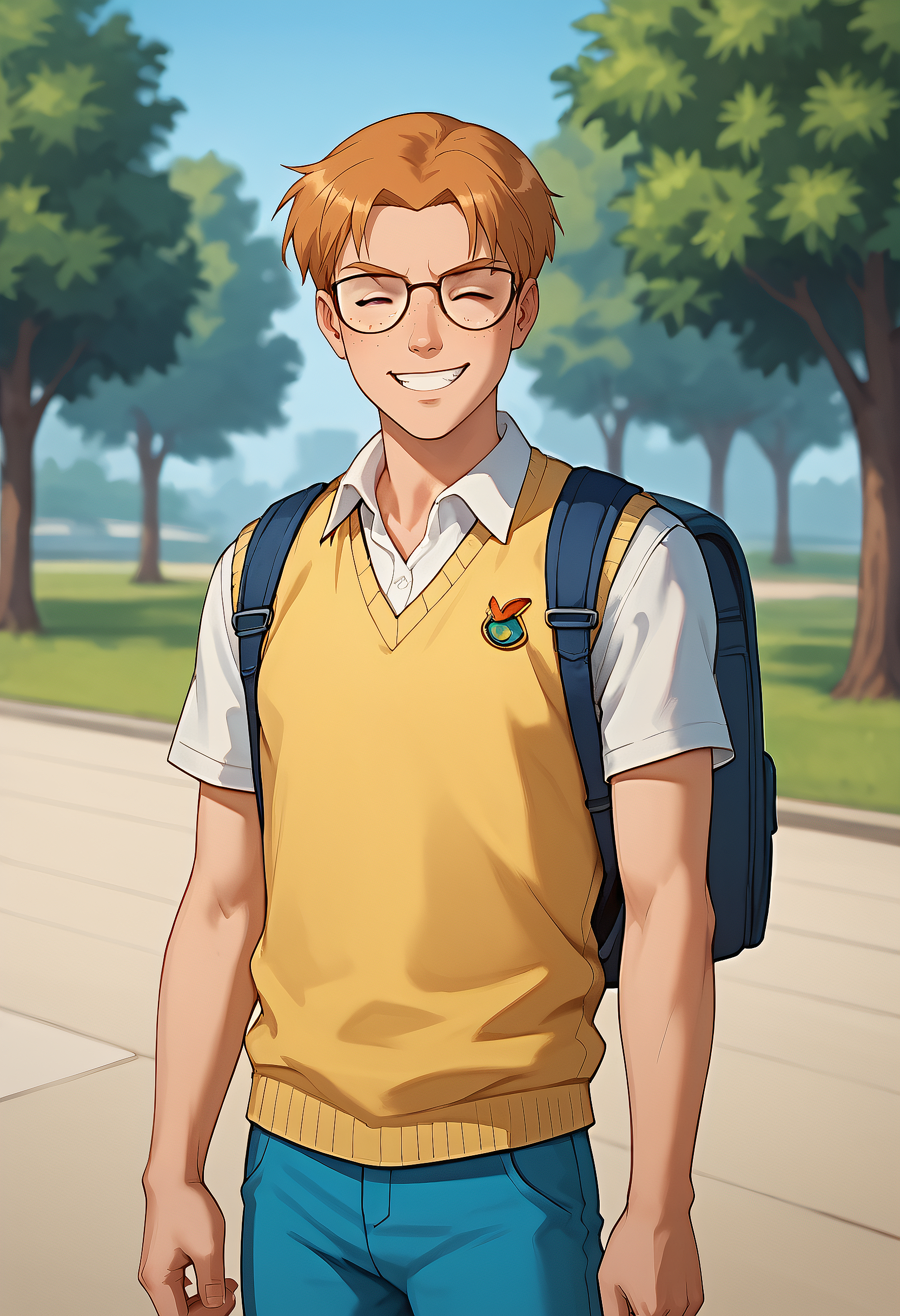 embedding:Pony\Positive\zPDXL3, score_9, score_8_up, score_7_up, 1boy, male focus, solo, arnold_ts!, closed eyes, skinny body, orange hair, glasses, freckles, sweater vest, backpack, blue pants, cowboy shot, grin, look at viewer, outdoors background, detailed background, park, best quality, high resolution, masterpiece.