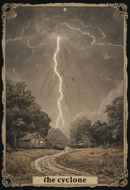 a tarot card, a huge tornado ripping across a prairie, "the cyclone" written, flying cows and trees and cars and people spinning in the air, ink card, ((funnel cloud)), yamer_lightning, lightning, rain, storm