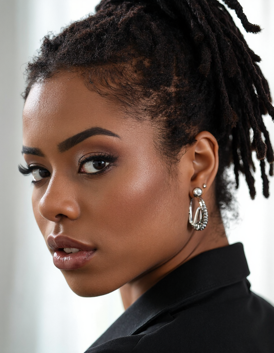 The reflective surfaces of her earrings and outfit create a dynamic interplay with the environment, emphasizing her sleek presence. The minimalist background allows the viewer to focus on her eye-catching fashion and makeup. Captured with a Sony A7R IV camera and a 50mm f/1.2 G Master lens for a beauty editorial shoot, this composition highlights her fashion-forward aesthetic. Inspired by avant-garde fashion photography from Sølve Sundsbø, this image blends contemporary fashion and minimalist elegance, embodying mythp0rt and niji_flux styles for a sleek, high-fashion vision. ((portrait))