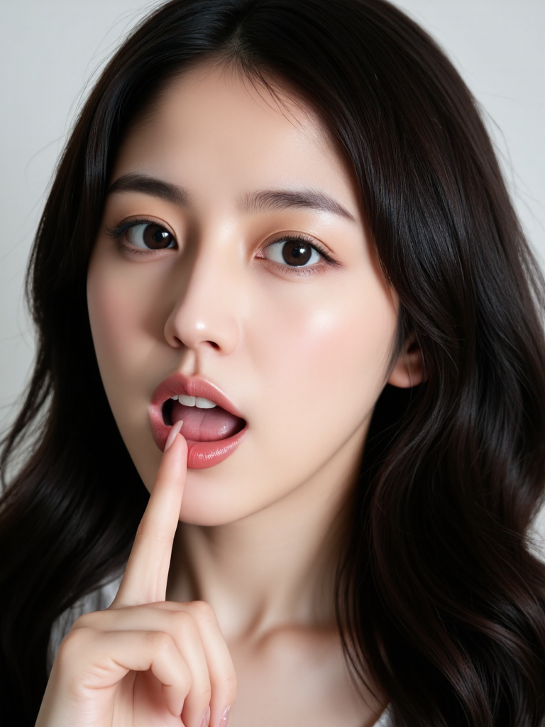 There are wonderful studio lights and various reflections,
18yo beautiful cute girl with blushing and female orgasm.skin naturally showing the texture of blood vessels and detailed pale skin,
--,
<lora:Masami_Nagasawa_f1:0.9>,she is Masami Nagasawa, A striking portrait of a supercute Asian model with stunning features, giving a bold and confident expression. Her long, glossy black hair cascades in soft waves around her face, highlighting her flawless, glowing skin. She has bright, expressive eyes framed by long lashes, and her lips are full and slightly parted, emphasizing her natural beauty. The model is holding her finger up to her lips in a playful yet defiant gesture, with her manicured nails painted a vibrant red. The lighting is bright and clean, casting a soft glow on her face, enhancing her delicate features. The overall mood is both daring and elegant, blending a sense of beauty with an edgy attitudeï¼A soft erotic atmosphere, the light evokes sexual desire.,