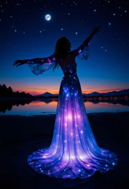 8k HDR RAW photo of a woman wearing a bioluminescence mlkwglx long flowing dress, at the beach, by night, moonlight, detailmaximizer