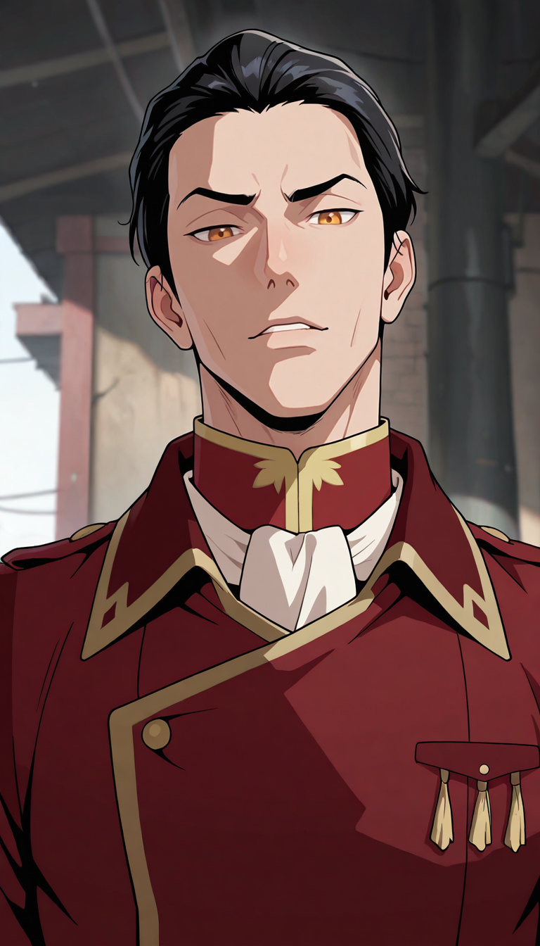 masterpiece,best quality,absurdres,newest,perfect quality,best quality,absolutely eye-catching,detailed background,intricate details,male focus,solo,<lora:Legend of Korra - General Iroh - Illustrious-000006:0.7>,geniroh,black hair,short hair,slicked back hair,amber eyes,red uniform coat,white neckerchief,outdoors,head tilt,looking at viewer,seductive look,portrait,