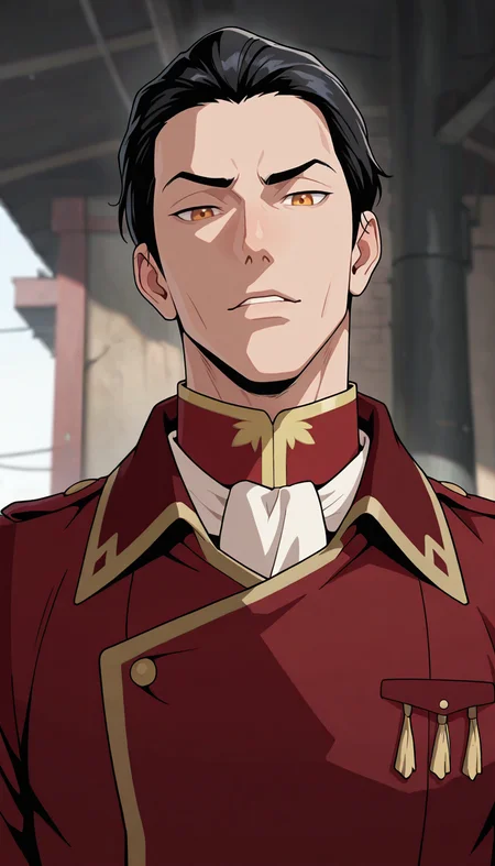 masterpiece,best quality,absurdres,newest,perfect quality,best quality,absolutely eye-catching,detailed background,intricate details,male focus,solo,<lora:Legend of Korra - General Iroh - Illustrious-000006:0.7>,geniroh,black hair,short hair,slicked back hair,amber eyes,red uniform coat,white neckerchief,outdoors,head tilt,looking at viewer,seductive look,portrait,