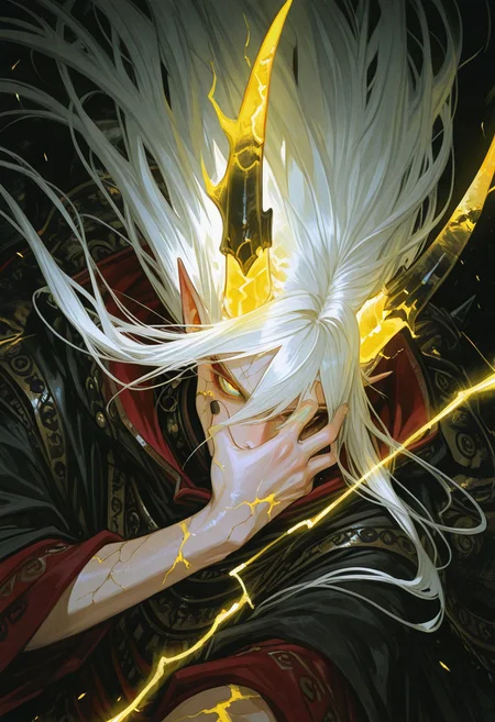 1boy, close up, dutch angle, wild spiky hair, very long hair, white hair, gold hair, multicolored hair, hair between eyes, golden light, black cloak, intense, dynamic, action pose, looking at viewer, head down, slit pupil, monster eyes, glowing blue eye, glowing scars, hand on face, black nail, covered mouth, one lightning eyes, multi colored eyes, cracked skin, glowing horn, large broken horn, energy aura, light effects, vivid colors, black background, highly detailed
,masterpiece,best quality,amazing quality,
<lora:ILLMythP0rtr4itStyle:0.5>, <lora:spo_sdxl_10ep_4k-data_lora_webui:0.6>, <lora:USNR STYLE_XL_loha:0.5>, <lora:incase-ilff-v3-4:0.5>, <lora:cr33pp41ntXLP:0.5>