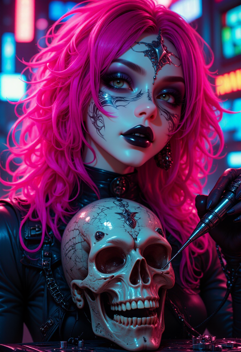 G0thicL1nes, a cyberpunk theme. The layout is centered around a female figure with striking neon pink hair, styled in voluminous waves. Her skin is pale, with intricate metallic and circuit-like designs adorning her face, giving a futuristic appearance. She wears black lipstick and dark eye makeup, enhancing her intense gaze. The subject is holding a soldering iron in a gloved hand, poised over a skull embedded with electronic components and wires, suggesting a blend of organic and mechanical elements. The background is filled with blurred, colorful lights and electronic equipment, contributing to the high-tech, dystopian atmosphere. The overall color palette is dominated by neon hues and metallic tones, creating a visually striking and immersive scene.
<lora:FluxMythG0thicL1nes:1>