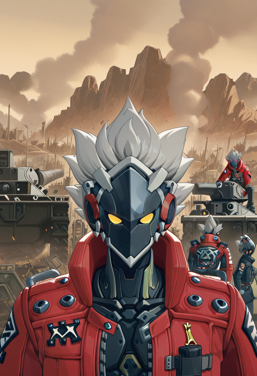 masterpiece,best quality,amazing quality,very aesthetic,absurdres,newest, <lora:thousand_yard_stare-000009:1.2>, thousand_yard_stare,<lora:Billy_Kid_-_Zenless_Zone_Zero_ZZZ__Illustrious:1>, 1boy, zenless zone zero,  Billy Kid,yellow eyes,red jacket, humanoid robot, outdoors, battlefield,