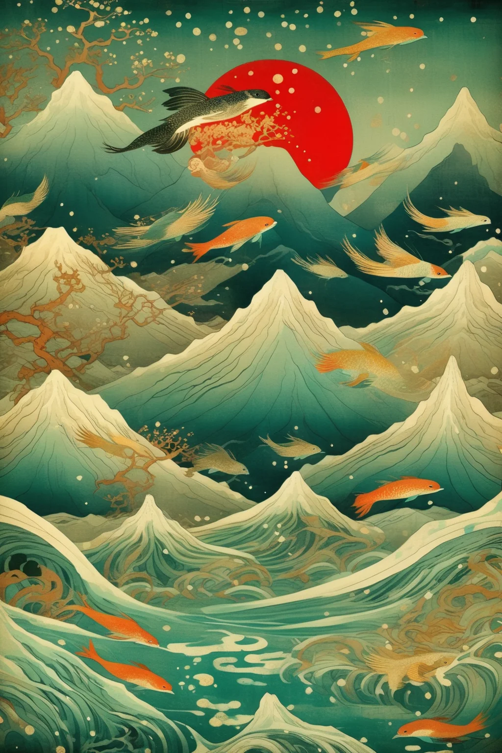 <lora:Victo Ngai Style:1>Victo Ngai Style - mountains and rivers,by Victto Ngai, Tibetan Painting, Wildlife Photography style background
