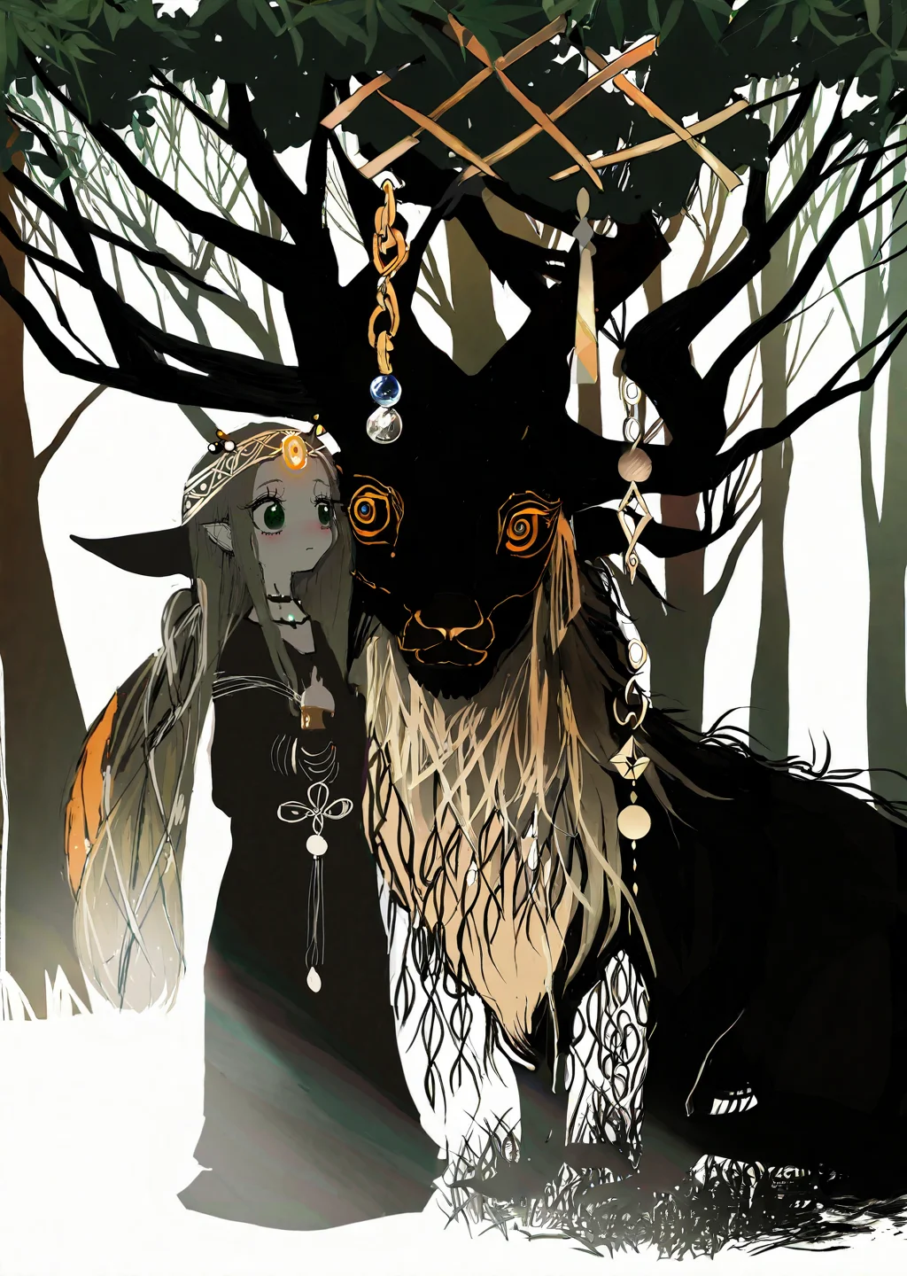by narue 
1 girl,  beautiful face
1 female druid healing animals in forest. glowing particles, celtic knot, mythical
hair bobbles,
Gradient mastery, ink, gold decorations and alcohol ink elements.
best quality,  flat color,
 [(details:1.2): [ (many small details:1.3) : [ (many ultrasmall details: 1.2):(very detailed ultrasmall edges and microrelief:1.5):0.7 ]: 0.4 ] :0.2]