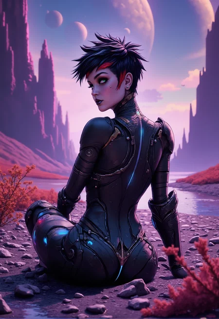 7-RetroFuturism, spaceknights, mad-cyberspace, bordershading . A highly detailed, professional photograph of a petite young woman with a bold, punk-inspired hairstyleâshort, spiked black hair with shaved sides and vibrant red and blue highlights. She wears sleek, form-fitting metallic armor with glowing lines, intricate engravings, visible circuits, and mechanical joints. The matte texture reflects light softly, with subtle wear and tear giving the armor a rugged, used look. Her goth-inspired makeupâdark eyeliner, smoky eyeshadow, and black lipstickâcontrasts with her pale skin. Her eyes glimmer with intensity, reflecting light from distant celestial bodies, blending confidence and allure. She is fully immersed in an alien landscape with towering purple-hued rock formations. Magenta and orange alien shrubs brush against her legs, while loose stones scatter beneath her boots. A calm, shimmering river reflects the glowing planets and moons, casting soft ripples of light onto her armor. The sky, filled with massive planets and glowing moons, bathes the scene in ethereal light, while soft mist rises from the river and faint auroras ripple across the sky. extreme close-up capturing her in sitting with her back to the camera, turning slightly. Her facial expression shows confident smirk . Her lipstick and smoky eyeshadow enhance her allure, with her eyes reflecting the glowing celestial bodies above. Dynamic lighting casts shifting shadows across her armor, while tiny glowing particles float through the air, casting soft, moving shadows on her body. The entire scene is immersive and photorealistic, with the alien plants, river, and rugged terrain interacting naturally with her, grounding her firmly in this exotic, alien world. , <lora:Neon_Cyberpunk_Cyberspace_FLUX.safetensors:0.5:0.5> <lora:Retro Futurism FLUX.safetensors:0.5:0.5> <lora:spaceknights-FLUX_000003750.safetensors:0.5:0.5> <lora:bordershading_flux_v1.safetensors:0.75:0.75>