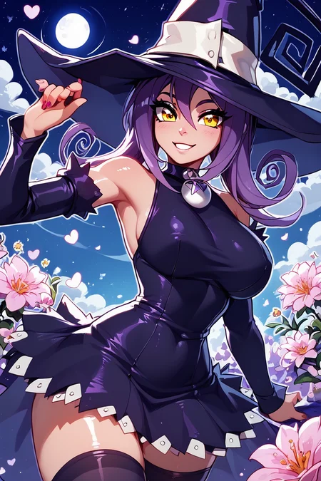 score_9, score_8_up, score_8, big breasts, (curvy), cute, eyelashes, ,,, zzBlair, 1girl, solo, yellow eyes, purple hair, witch hat, witch, detached sleeves, black short dress, thighhighs, <lora:Blair_SoulEater_PDXL_v1:0.8> ,,, smile, looking at viewer, moon, dark theme, white outline, cowboy shot, ,,, shiny skin, <lora:ProAnime_PDXL_v1:0.7>, night garden, flowers, soft shadows, moonlight reflecting off skin, whisper of wind, ,,, embedding:zPDXL, Expressiveh, <lora:SDXLFaeTastic2400:0.5>, <lora:Expressive_H-000001:0.4>,